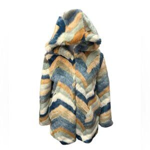Colorful Chevron Faux Fur Jacket w/ Hood & Pockets | Size: Medium (Forever 21)